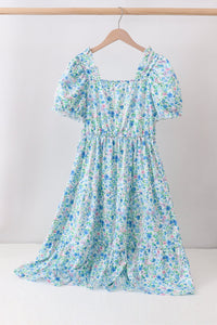 Blue Floral Tiered Women Dress
