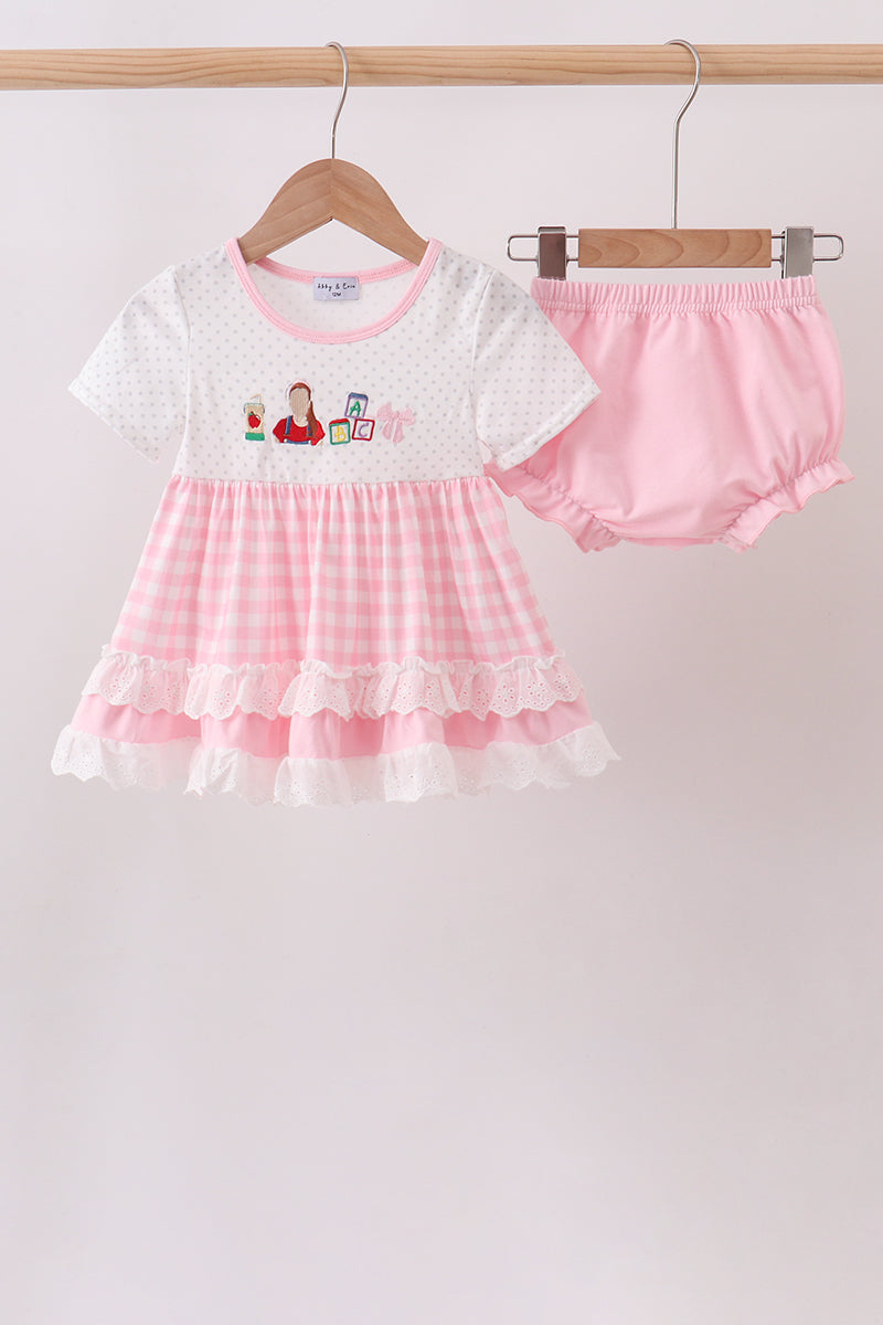 Pencil ABC embroidery gingham bloomer set