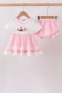 Pencil ABC embroidery gingham bloomer set