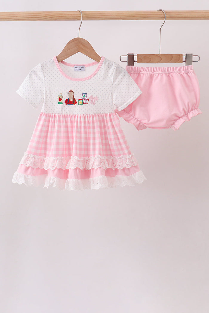 Pencil ABC embroidery gingham bloomer set