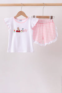 Pencil ABC embroidery gingham ruffle shorts set