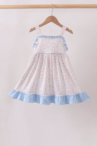 Blue Floral Print Ruffle Dress