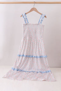 Blue Floral Smocked Mom Tiered Dress