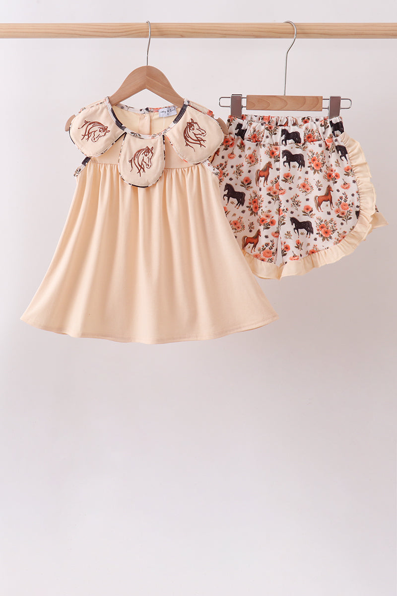 Horse embroidery ruffle shorts set