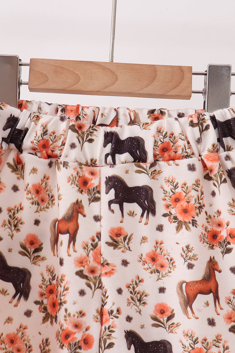 Horse embroidery ruffle shorts set
