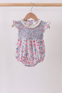 Blue Floral Smocked Ruffle Bubble