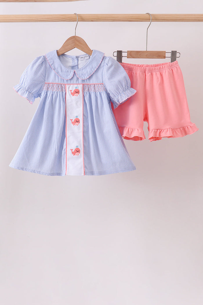 Whale Smocked Seersucker Shorts Set