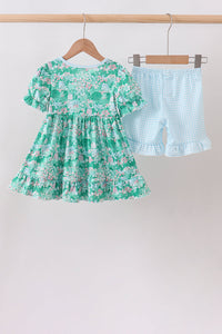Green house floral Ruffle Shorts Set