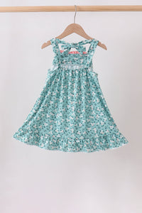 Green Floral Smocked Ruffle Dress