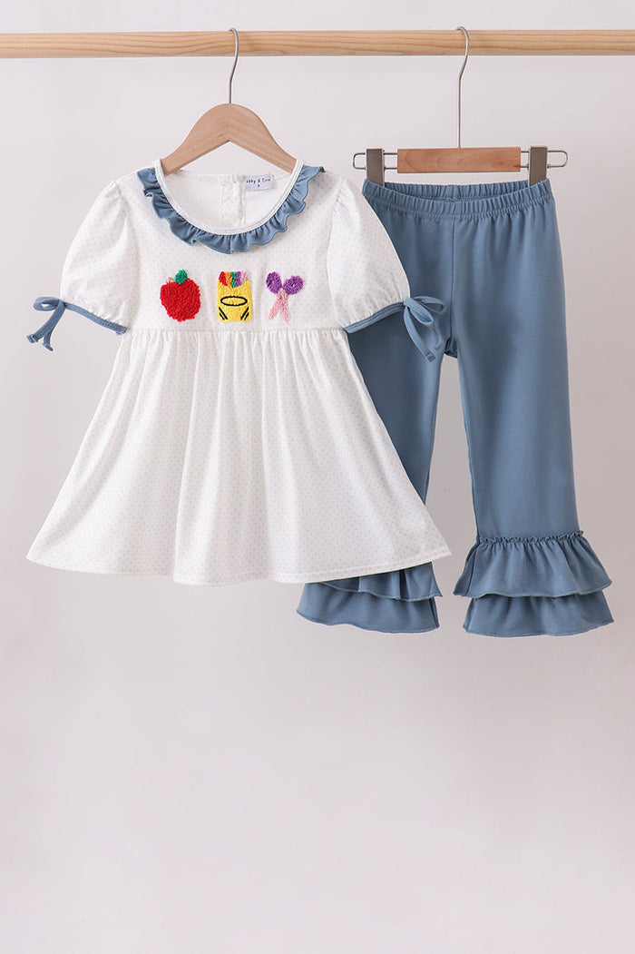 Apple Crayon French Knot Ruffle Pants Set