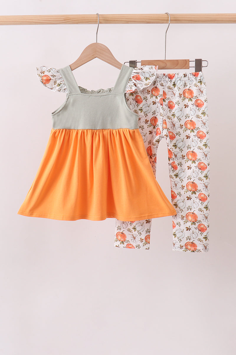 Pumpkin Embroidery Ruffle Pants Set