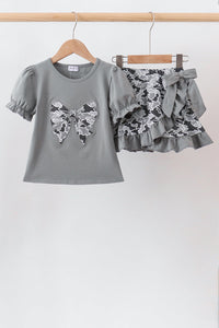 Camouflage Bow Embroidery Ruffle Skorts Set