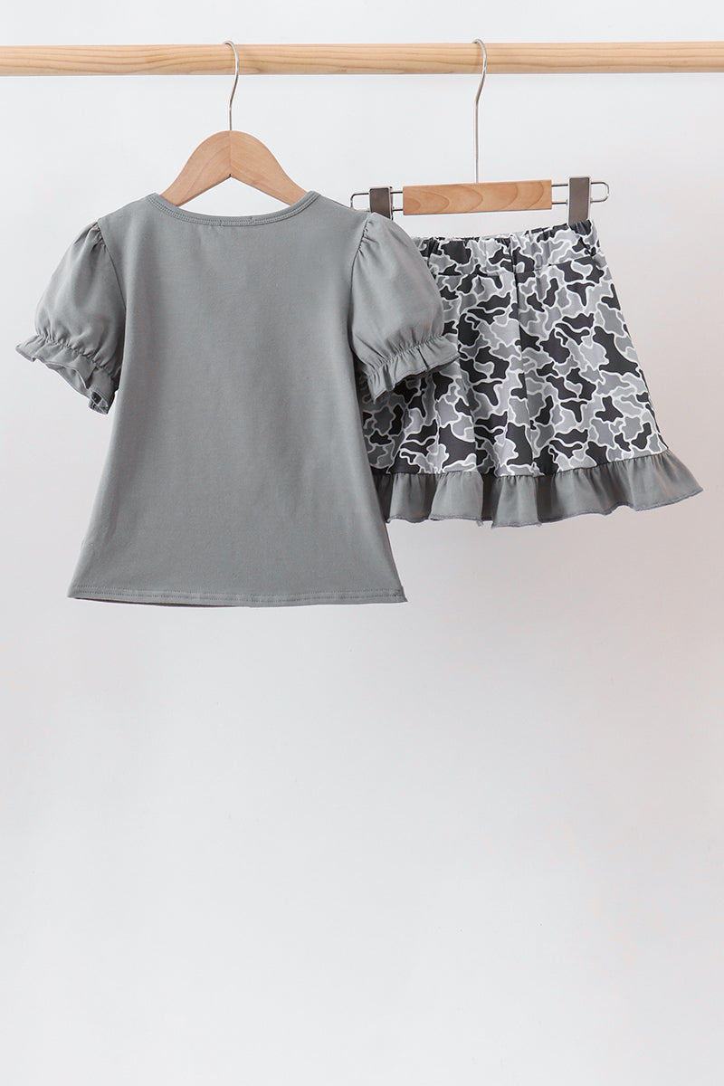 Camouflage Bow Embroidery Ruffle Skorts Set