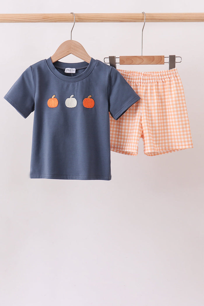 Pumpkin Embroidery Gingham Shorts Set