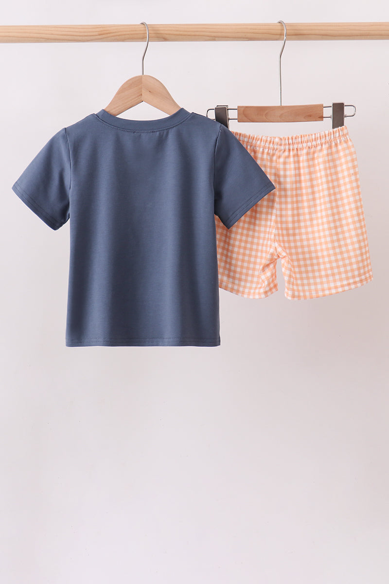Pumpkin Embroidery Gingham Shorts Set