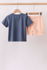 Pumpkin Embroidery Gingham Shorts Set