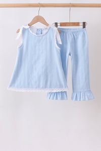 Blue Jacquard Lace Ruffle Pants Set
