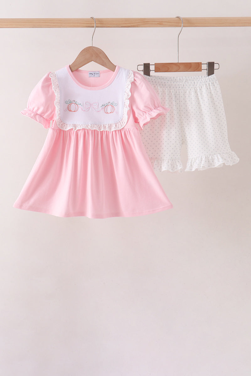 Pumpkin Bow Embroidery Ruffle Shorts Set