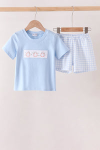 Pumpkin Embroidery Gingham Shorts Set
