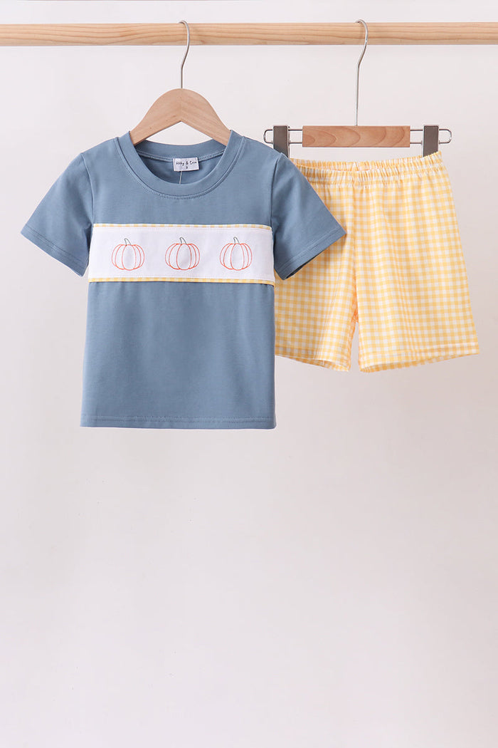 Pumpkin Embroidery Gingham Shorts Set
