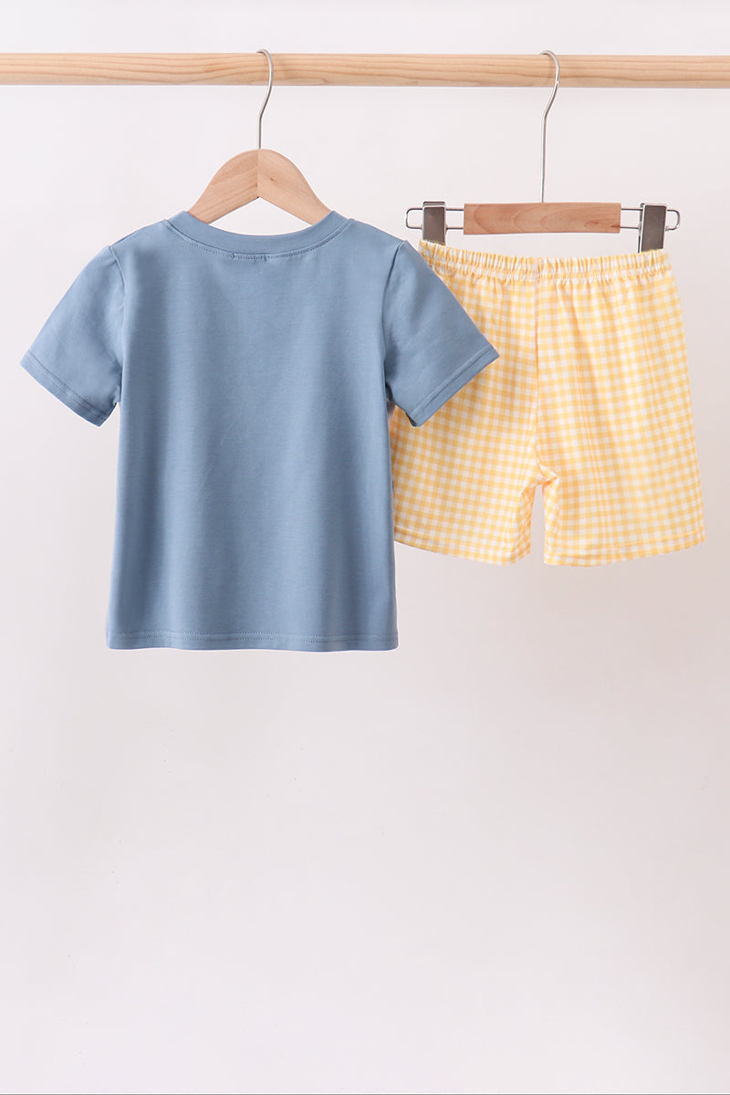 Pumpkin Embroidery Gingham Shorts Set