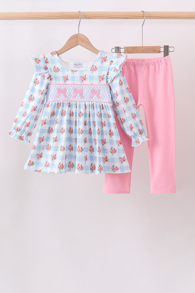 Bow Smocked Gingham Pants Set