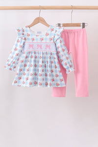 Bow Smocked Gingham Pants Set