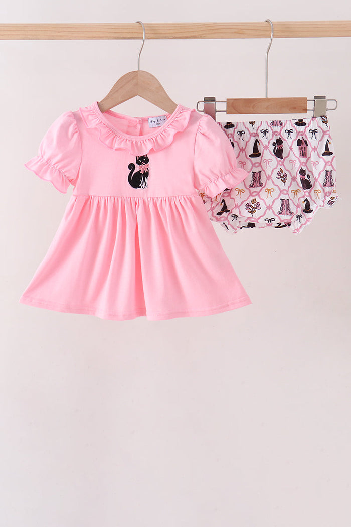 Cat Embroidery Ruffle Bloomer Set