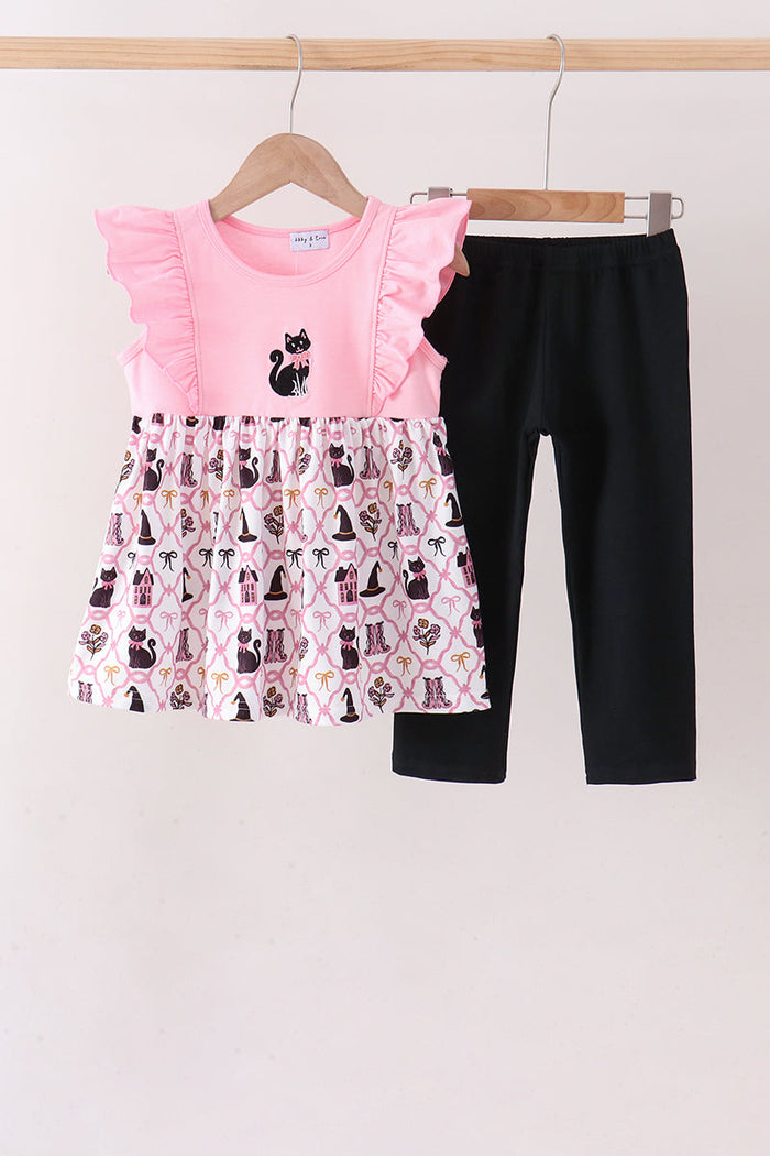 Cat Embroidery Ruffle Pants Set