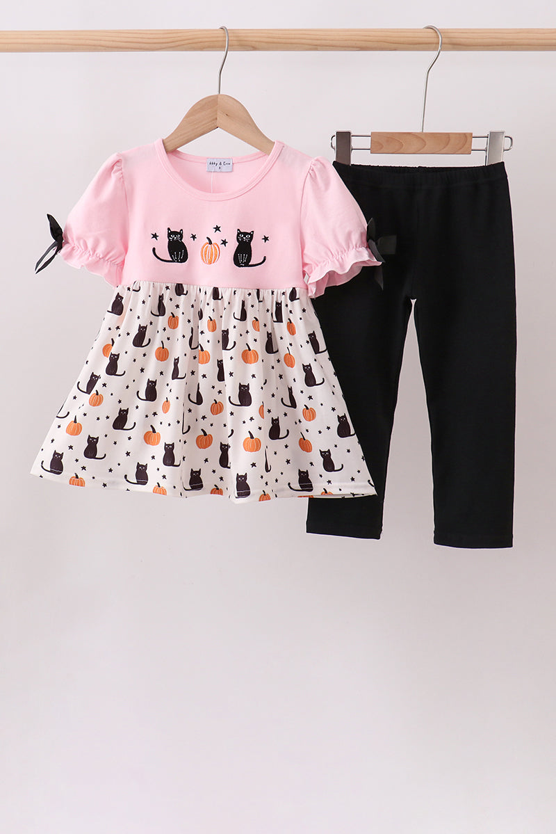 Pumpkin Cat Embroidery Pants Set