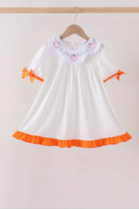 Pumpkin Bow Embroidery Ruffle Dress