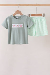 Pumpkin Embroidery Gingham Shorts Set