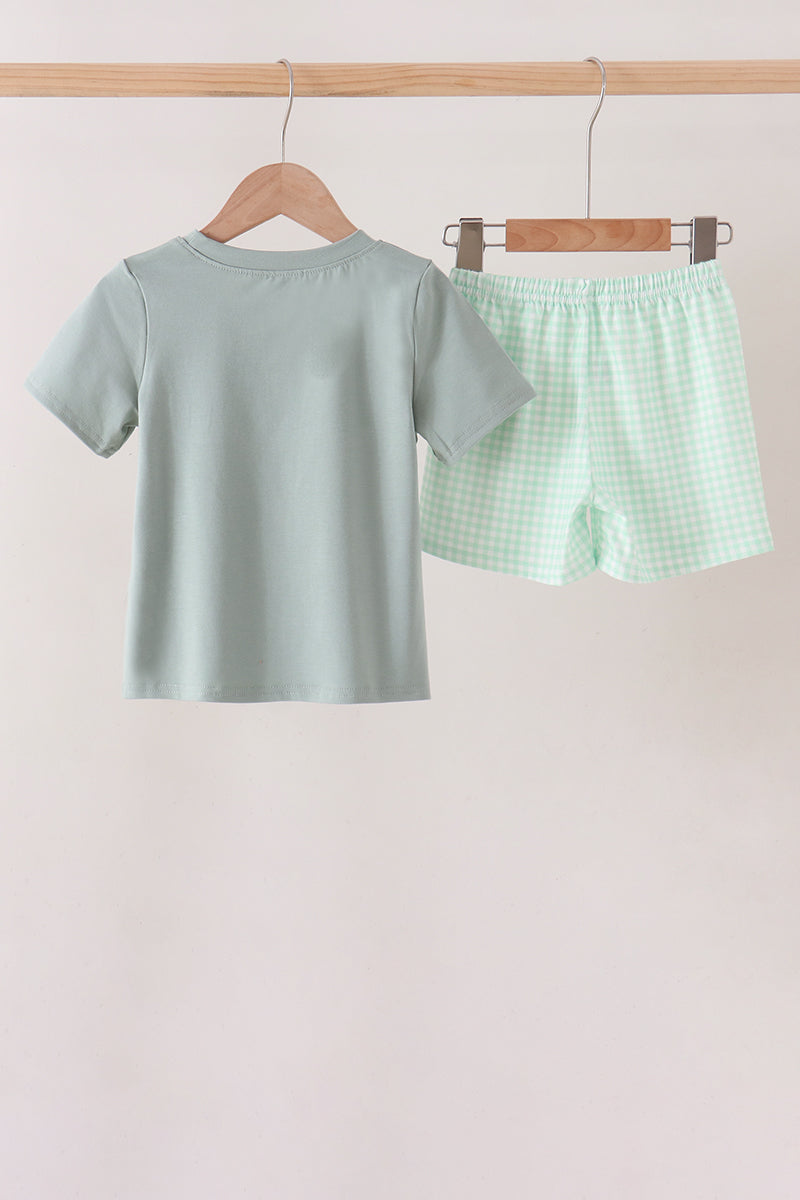 Pumpkin Embroidery Gingham Shorts Set