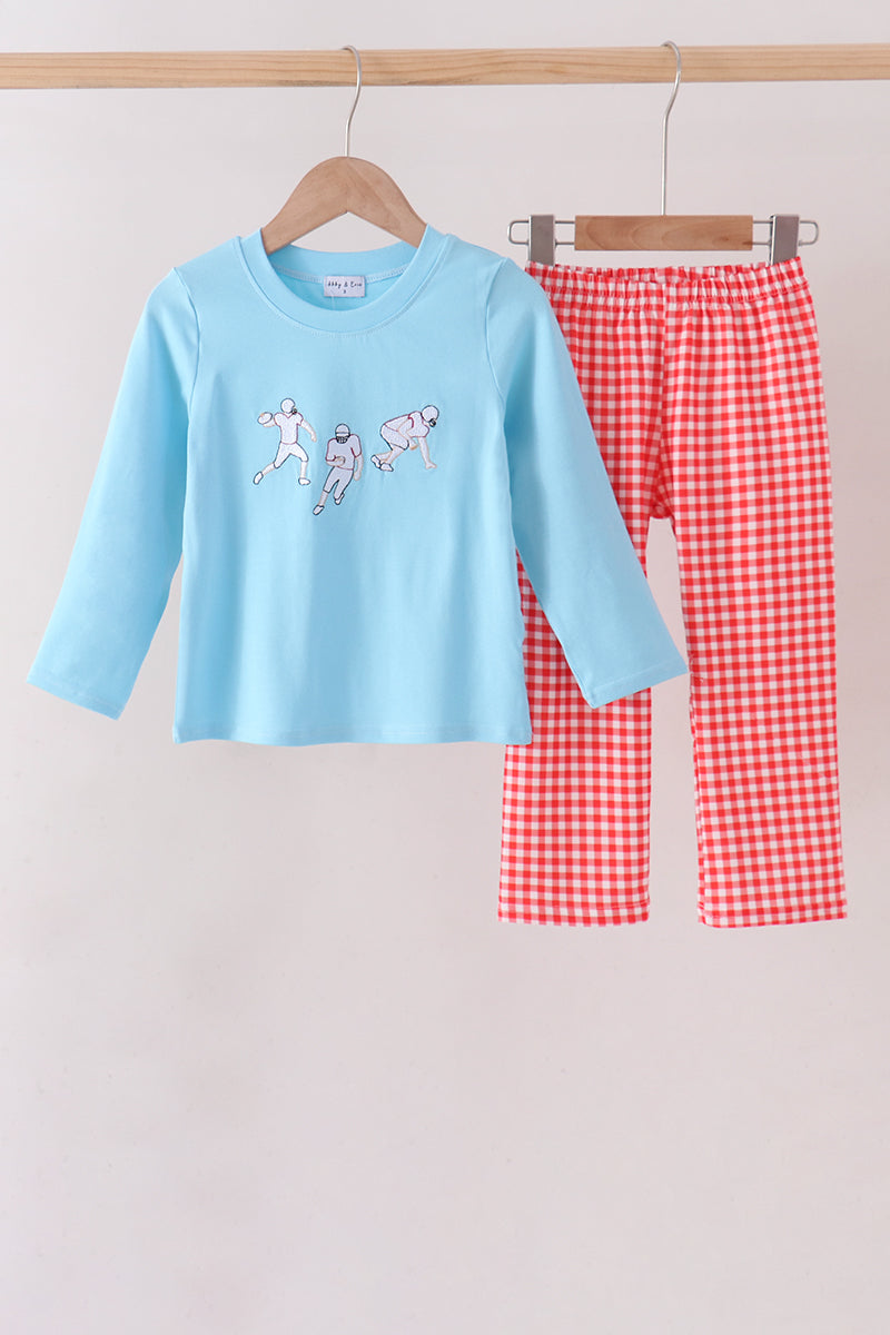 Football Embroidery Gingham Pants Set
