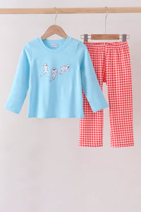 Football Embroidery Gingham Pants Set