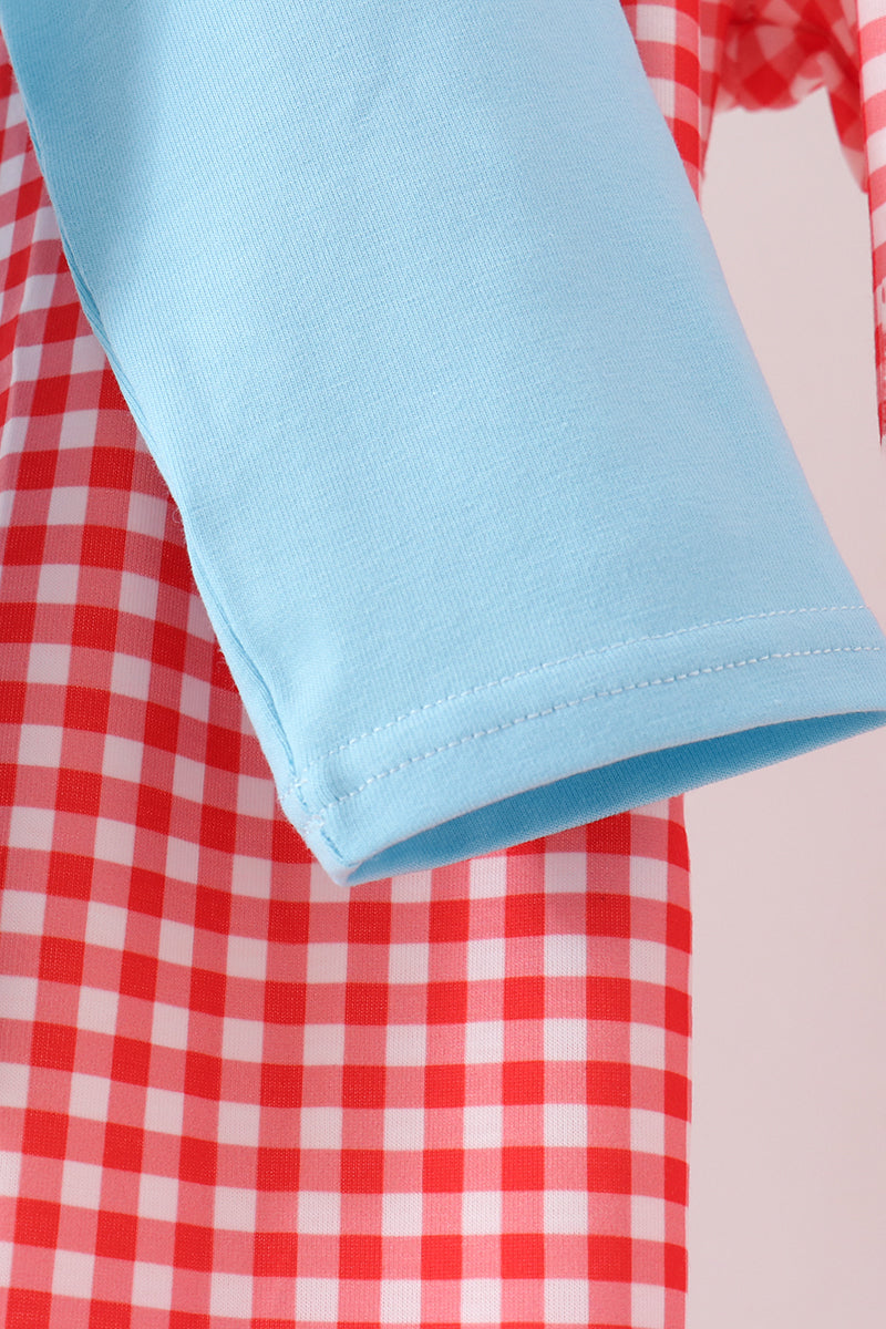 Football Embroidery Gingham Pants Set