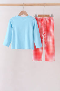 Football Embroidery Gingham Pants Set