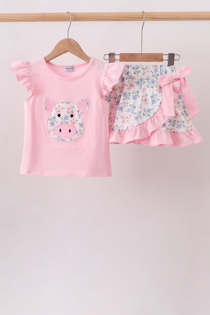 Piggy Applique Ruffle Skorts Set