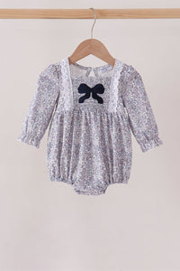 Navy Floral Bow Smocked Bubble