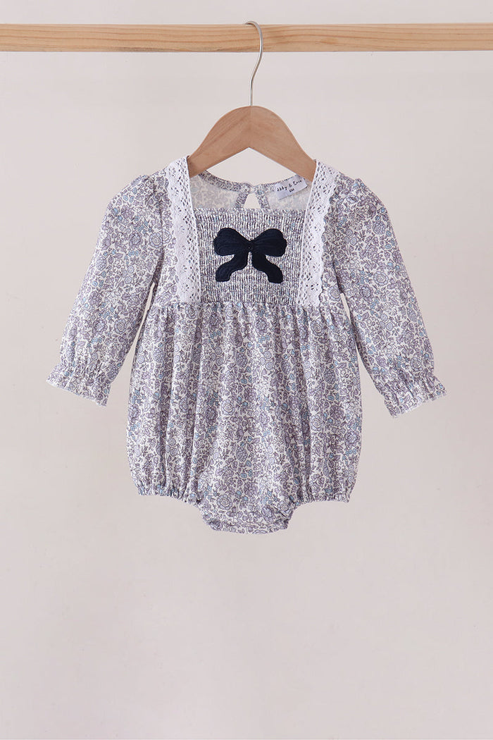 Navy Floral Bow Smocked Bubble