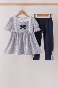 Navy Floral Bow Smocked Pants Set