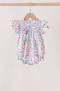 Blue Floral Smocked Ruffle Bubble