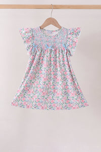 Blue Floral Smocked Ruffle Dress