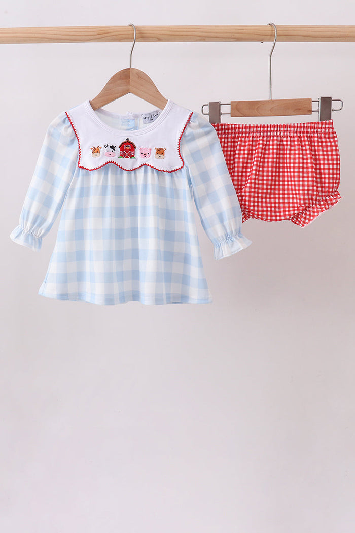 Farm Embroidery Gingham Bloomer Set