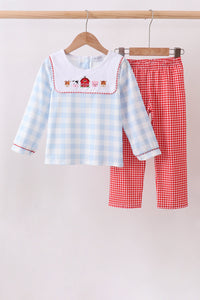 Farm Embroidery Gingham Pants Set