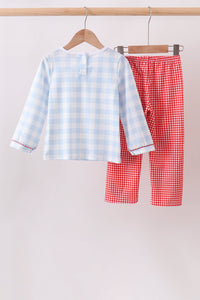 Farm Embroidery Gingham Pants Set