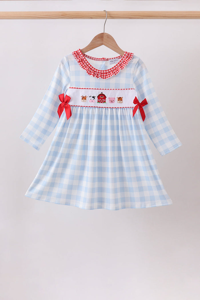 Farm Embroidery Ruffle Gingham Dress