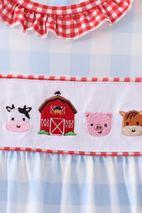 Farm Embroidery Ruffle Gingham Dress