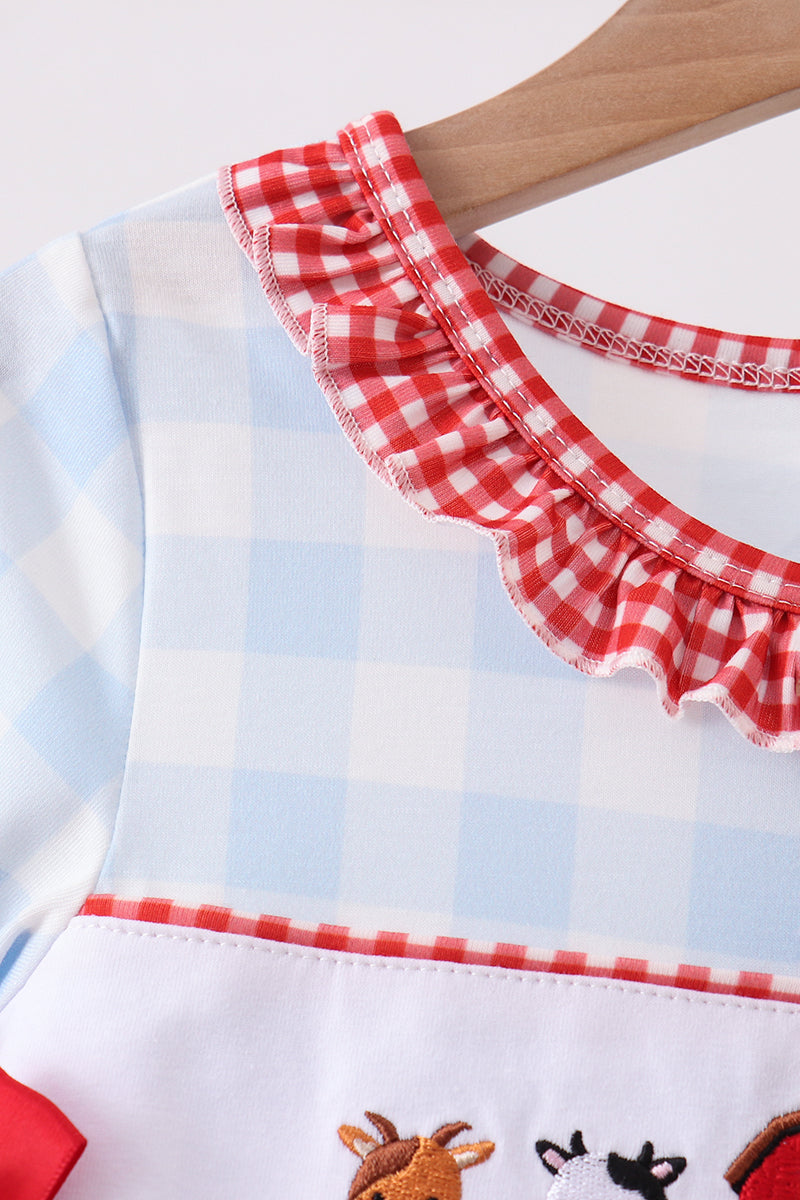 Farm Embroidery Ruffle Gingham Dress