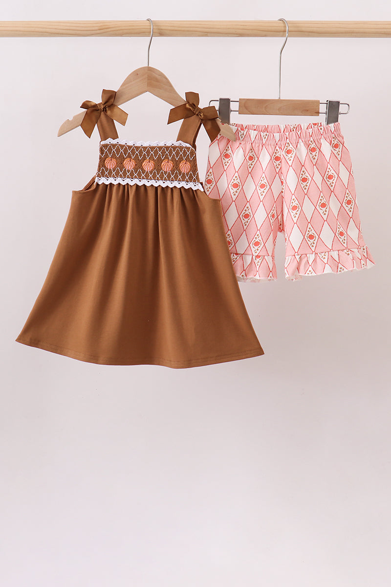 Pumpkin Smocked Lace Shorts Set